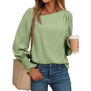 EVALESS Blouses for Women Dressy Casual Pleated Long Sleeve Tops Asymmetrical